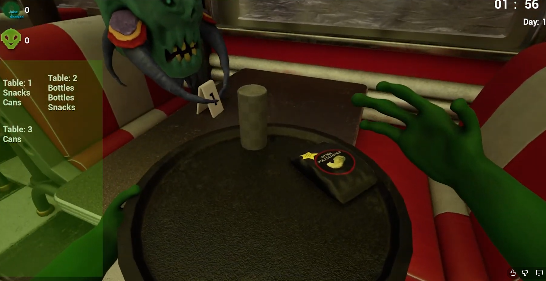 Holding a tray with a snack and drink while an alien waits at a table